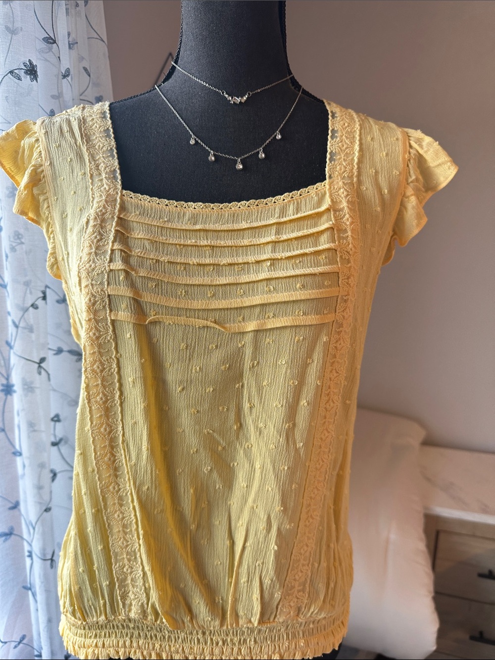 Self Esteem Yellow Pintuck & Lace Cap-Sleeve Blouse